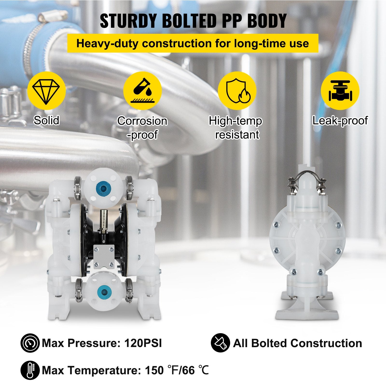 VEVOR Air-Operated Double Diaphragm Pump 25.4mm(1 inch) Inlet/Outlet 113 L/min(30GPM) Polypropylene Max 7 bar(100PSI) for Chemical and Industrial Use