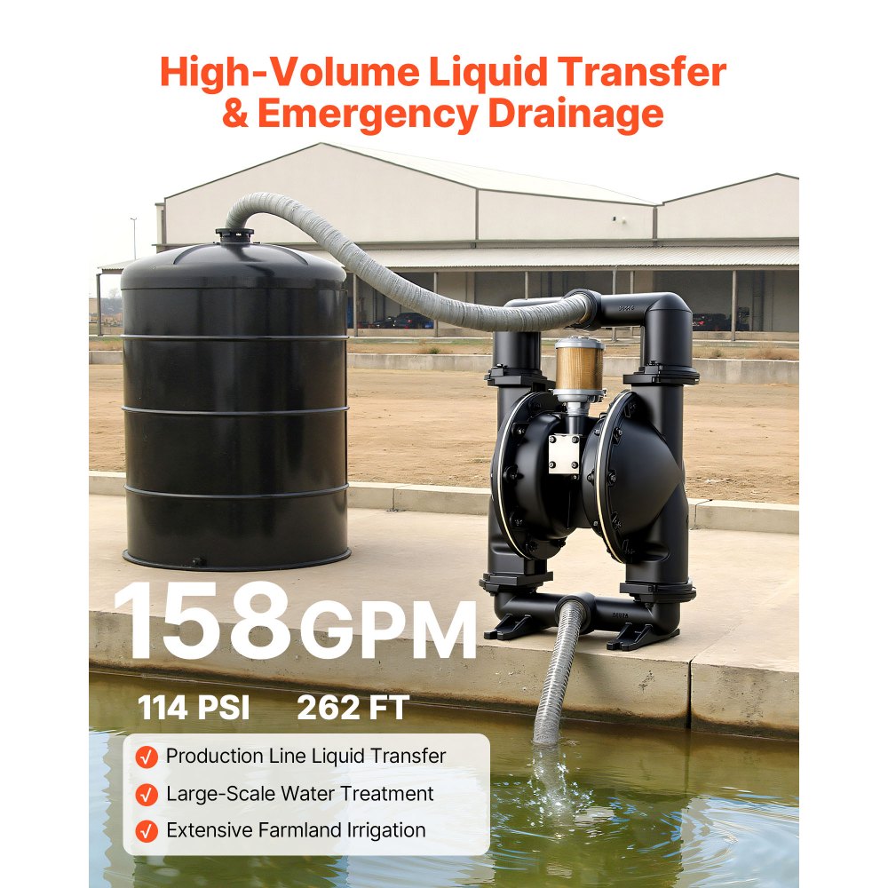 VEVOR Air Operated Double Diaphragm Pump, 598 L/min Max, Standard Inlet & Outlet Air Pneumatic Waste Oil Transfer Pump, Aluminum Alloy Body, Dual Diaphragms, for Diesel, Grease, Kerosene, Gasoline