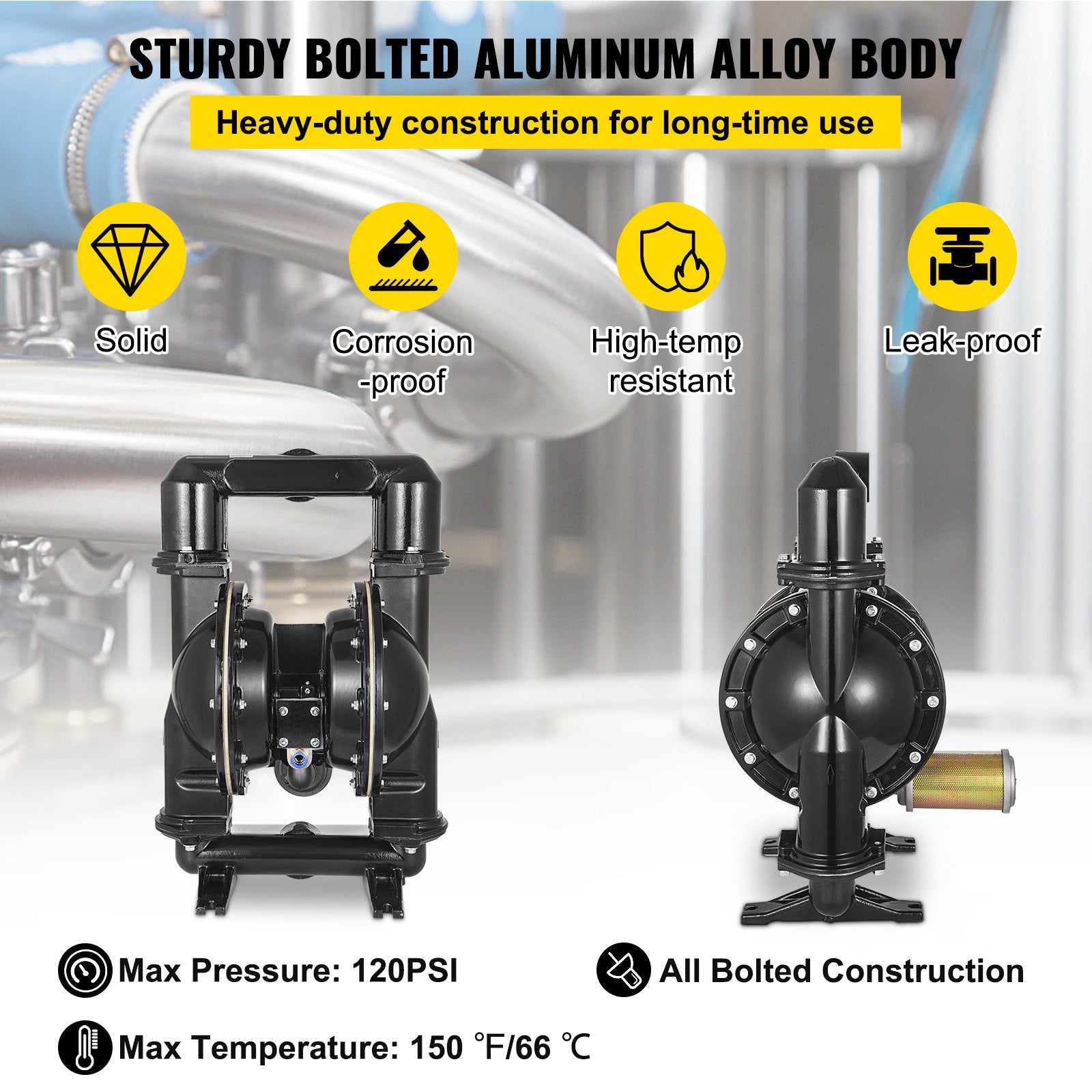 VEVOR Air-Operated Double Diaphragm Pump, 2 inch Inlet & Outlet, Aluminum Alloy Body, 75 GPM & Max 120PSI, Nitrile Diaphragm Transfer Pump for Petroleum, Diesel, Oil and Low Viscosity Fluids