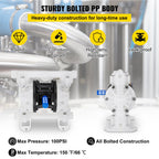 VEVOR Air Double Diaphragm Pump 7GPM 100PSI Polypropylene Diaphragm Water Pump with 1.3 cm Inlet & Outlet Ports Air Pump Diaphragm 6900.7 cm Max Head Air-operated Diaphragm Pump with Sealed Ball Valve