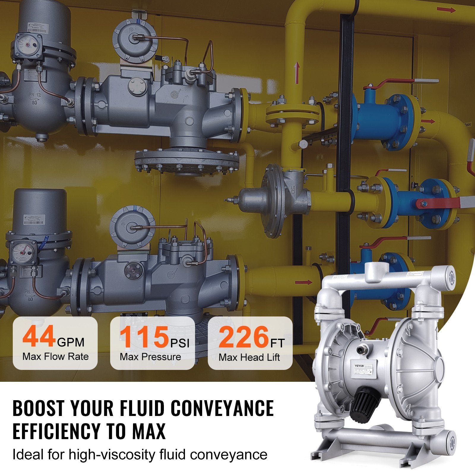 VEVOR Air Operated Double Diaphragm Pump, 44GPM, Max 115PSI Air Waste Oil Pneumatic Transfer Pump with 2 Extra Diaphragms, 3.8cm Inlet & Outlet Aluminum Alloy Diaphragm Pump for Diesel Grease Oil