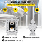 VEVOR Air-Operated Double Diaphragm Pump, Inlet & Outlet, Polypropylene Body, 9.46 L/min, PTFE Diaphragm Pneumatic Transfer Pump for Petroleum, Diesel, Oil & Low Viscosity Fluids