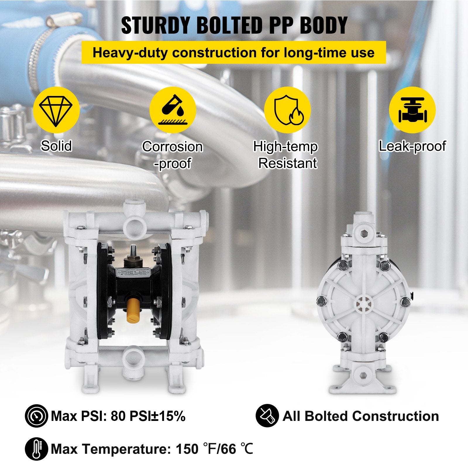 VEVOR Air-Operated Double Diaphragm Pump, Inlet & Outlet, Polypropylene Body, 9.46 L/min, PTFE Diaphragm Pneumatic Transfer Pump for Petroleum, Diesel, Oil & Low Viscosity Fluids