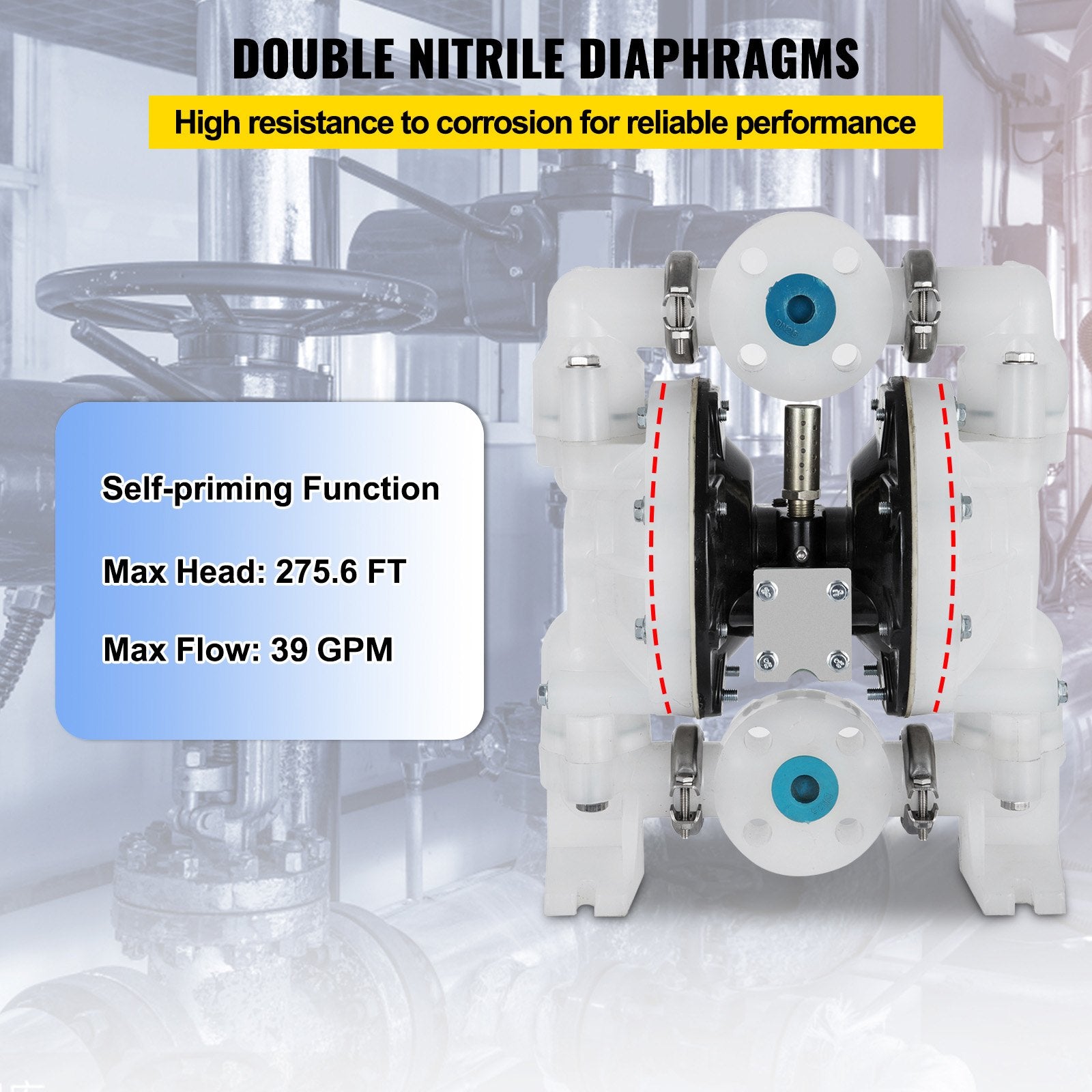 VEVOR Air-Operated Double Diaphragm Pump 25.4mm(1 inch) Inlet/Outlet 113 L/min(30GPM) Polypropylene Max 7 bar(100PSI) for Chemical and Industrial Use