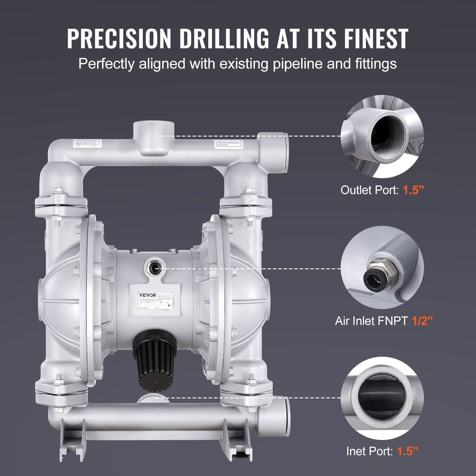 VEVOR Air Operated Double Diaphragm Pump, 44GPM, Max 115PSI Air Waste Oil Pneumatic Transfer Pump with 2 Extra Diaphragms, 3.8cm Inlet & Outlet Aluminum Alloy Diaphragm Pump for Diesel Grease Oil