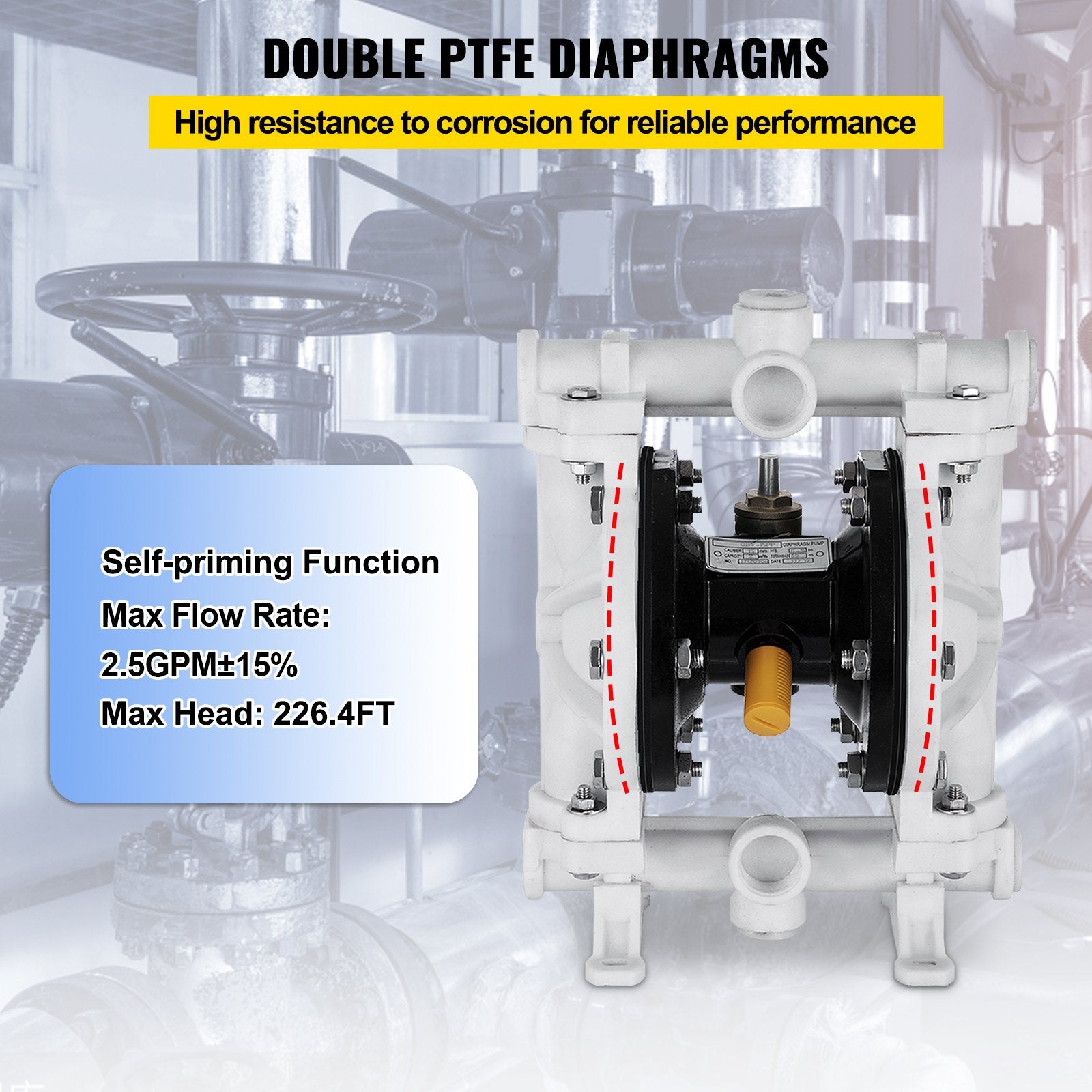 VEVOR Air-Operated Double Diaphragm Pump, Inlet & Outlet, Polypropylene Body, 9.46 L/min, PTFE Diaphragm Pneumatic Transfer Pump for Petroleum, Diesel, Oil & Low Viscosity Fluids