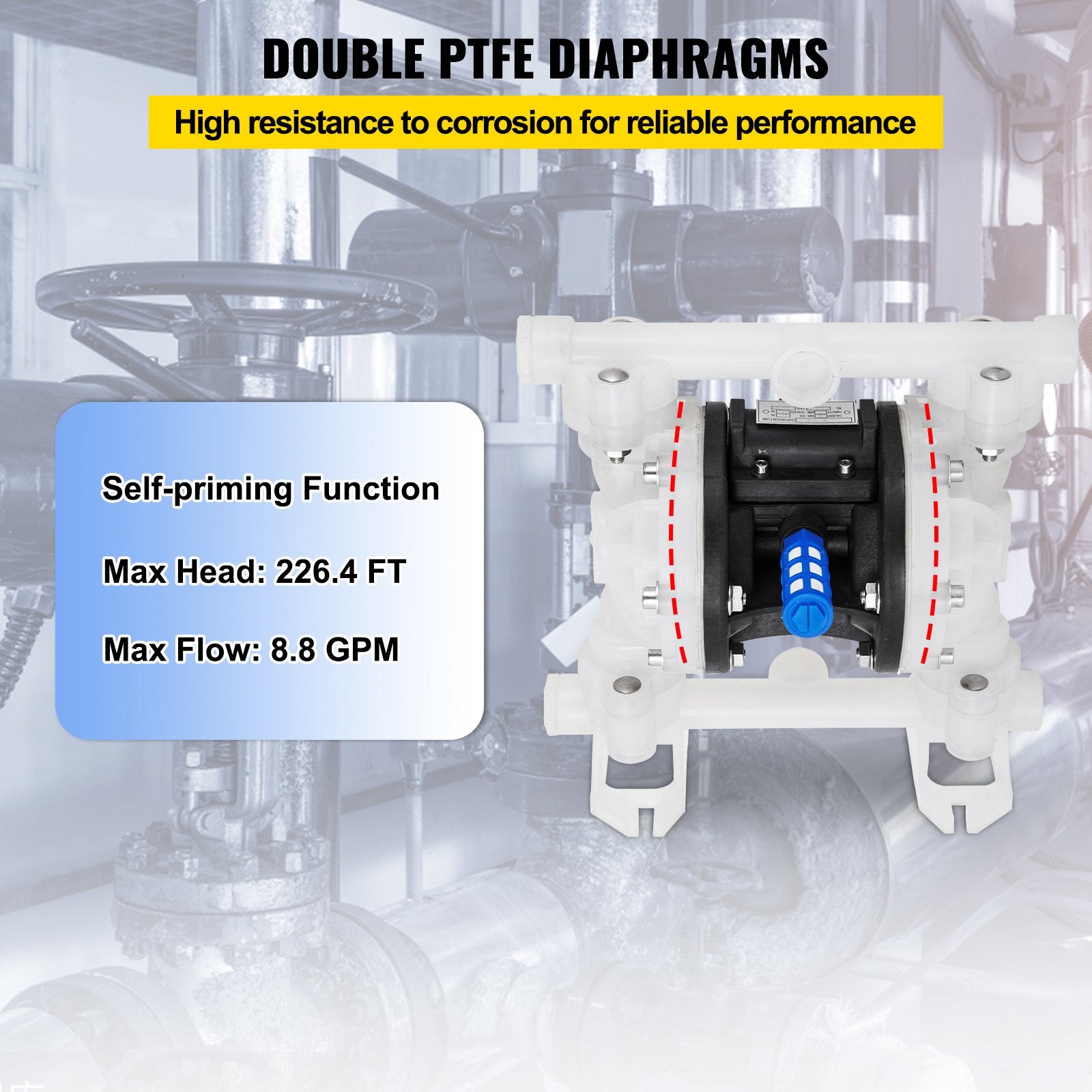 VEVOR Air Double Diaphragm Pump 7GPM 100PSI Polypropylene Diaphragm Water Pump with 1.3 cm Inlet & Outlet Ports Air Pump Diaphragm 6900.7 cm Max Head Air-operated Diaphragm Pump with Sealed Ball Valve