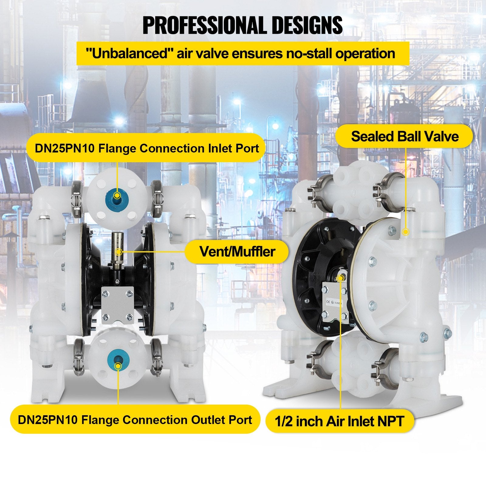VEVOR Air-Operated Double Diaphragm Pump 25.4mm(1 inch) Inlet/Outlet 113 L/min(30GPM) Polypropylene Max 7 bar(100PSI) for Chemical and Industrial Use