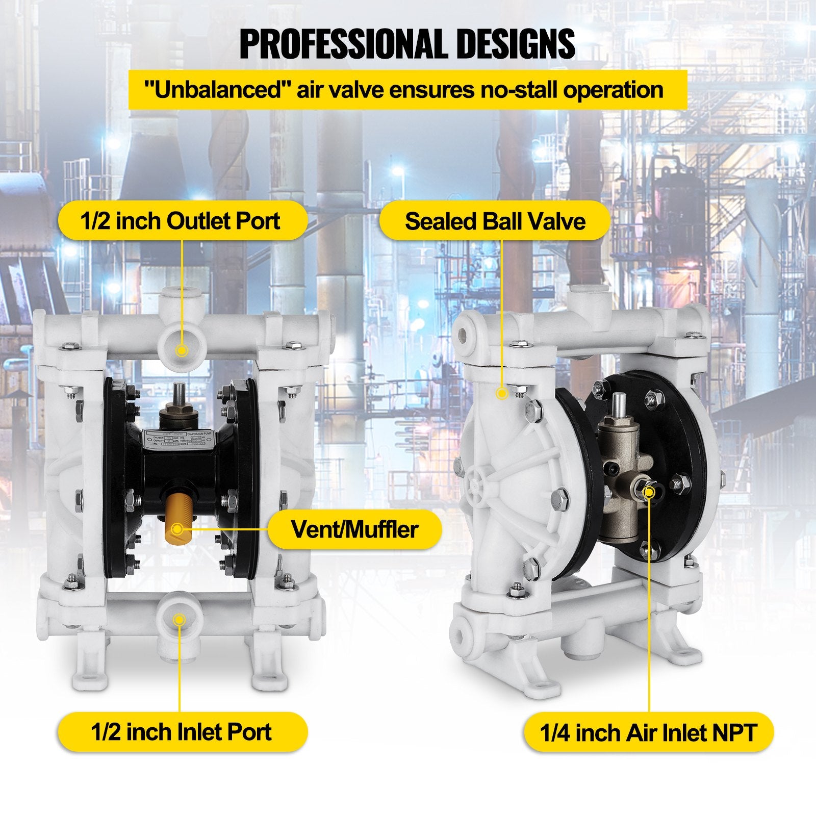 VEVOR Air-Operated Double Diaphragm Pump, Inlet & Outlet, Polypropylene Body, 9.46 L/min, PTFE Diaphragm Pneumatic Transfer Pump for Petroleum, Diesel, Oil & Low Viscosity Fluids