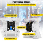 VEVOR Air Double Diaphragm Pump 7GPM 100PSI Polypropylene Diaphragm Water Pump with 1.3 cm Inlet & Outlet Ports Air Pump Diaphragm 6900.7 cm Max Head Air-operated Diaphragm Pump with Sealed Ball Valve