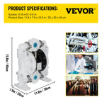 VEVOR Air-Operated Double Diaphragm Pump 25.4mm(1 inch) Inlet/Outlet 113 L/min(30GPM) Polypropylene Max 7 bar(100PSI) for Chemical and Industrial Use
