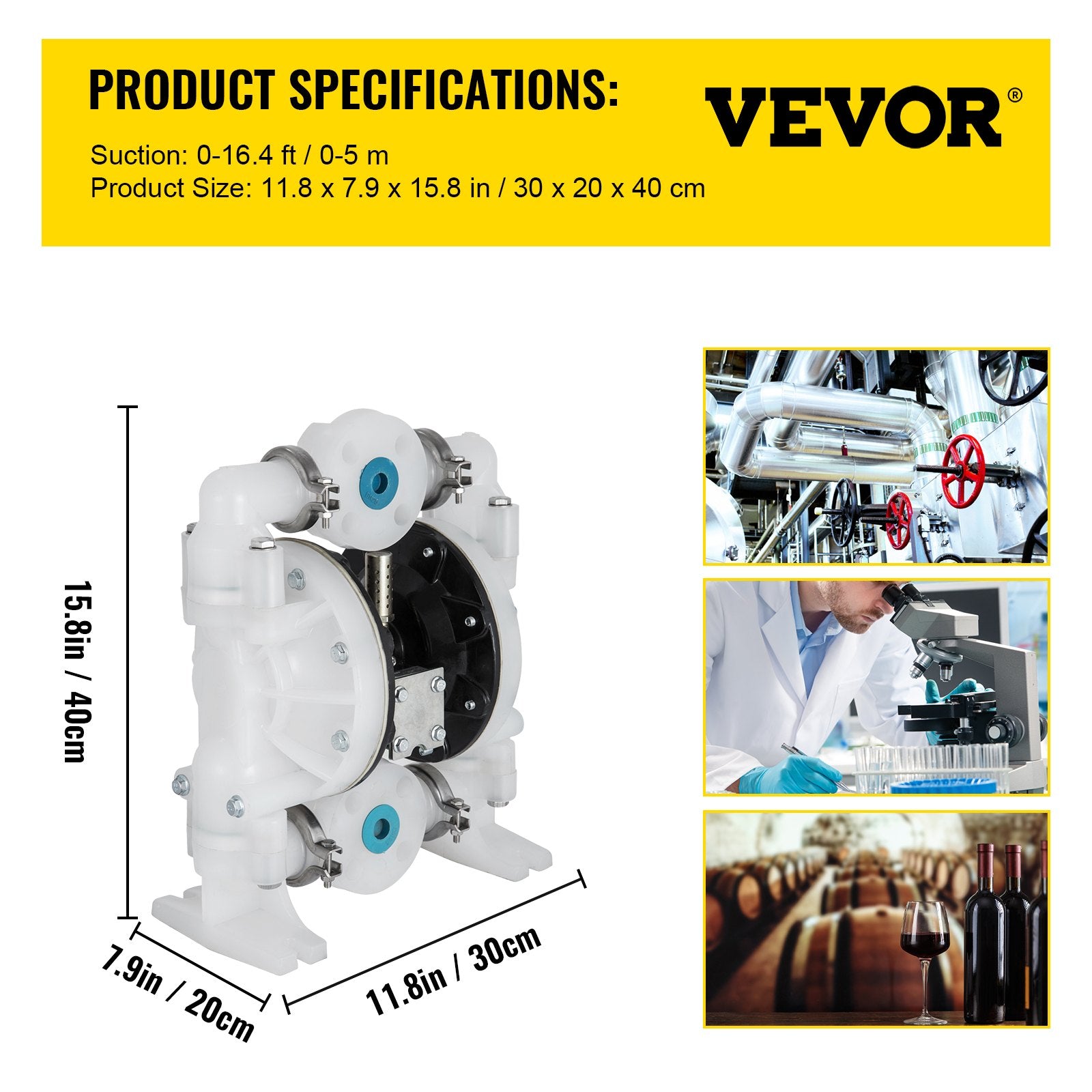 VEVOR Air-Operated Double Diaphragm Pump 25.4mm(1 inch) Inlet/Outlet 113 L/min(30GPM) Polypropylene Max 7 bar(100PSI) for Chemical and Industrial Use