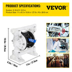 VEVOR Air Double Diaphragm Pump 7GPM 100PSI Polypropylene Diaphragm Water Pump with 1.3 cm Inlet & Outlet Ports Air Pump Diaphragm 6900.7 cm Max Head Air-operated Diaphragm Pump with Sealed Ball Valve