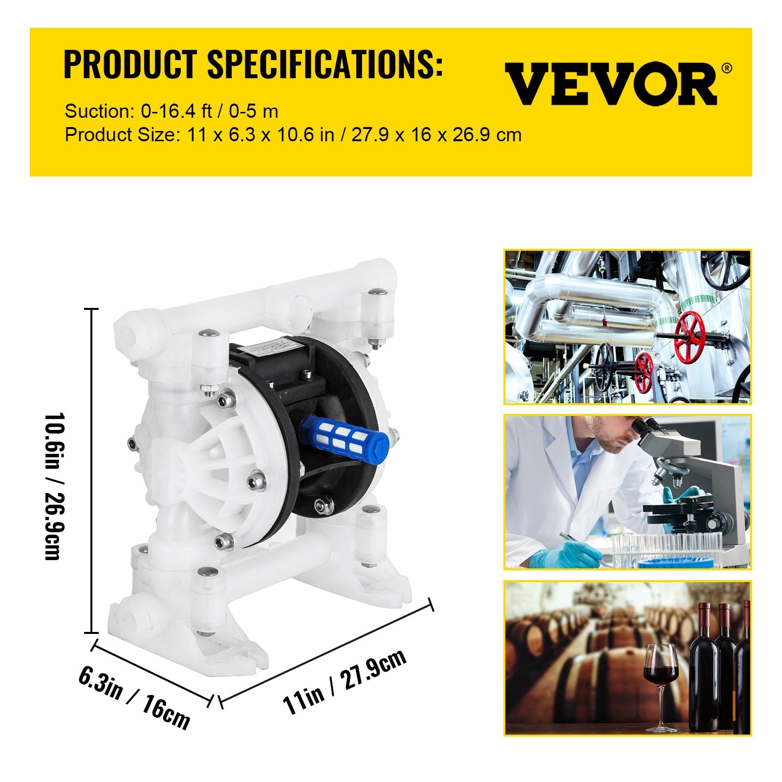 VEVOR Air Double Diaphragm Pump 7GPM 100PSI Polypropylene Diaphragm Water Pump with 1.3 cm Inlet & Outlet Ports Air Pump Diaphragm 6900.7 cm Max Head Air-operated Diaphragm Pump with Sealed Ball Valve