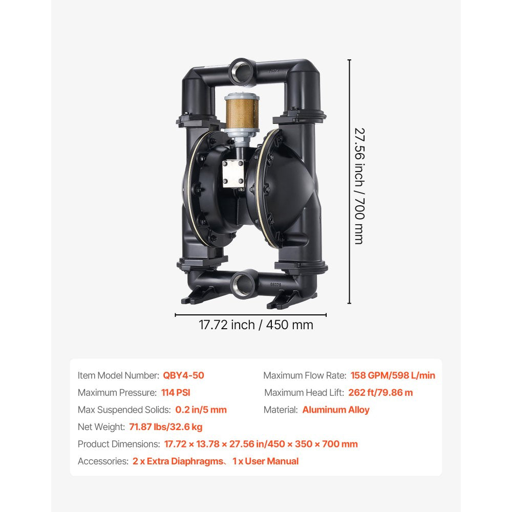VEVOR Air Operated Double Diaphragm Pump, 598 L/min Max, Standard Inlet & Outlet Air Pneumatic Waste Oil Transfer Pump, Aluminum Alloy Body, Dual Diaphragms, for Diesel, Grease, Kerosene, Gasoline