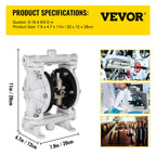 VEVOR Air-Operated Double Diaphragm Pump, Inlet & Outlet, Polypropylene Body, 9.46 L/min, PTFE Diaphragm Pneumatic Transfer Pump for Petroleum, Diesel, Oil & Low Viscosity Fluids