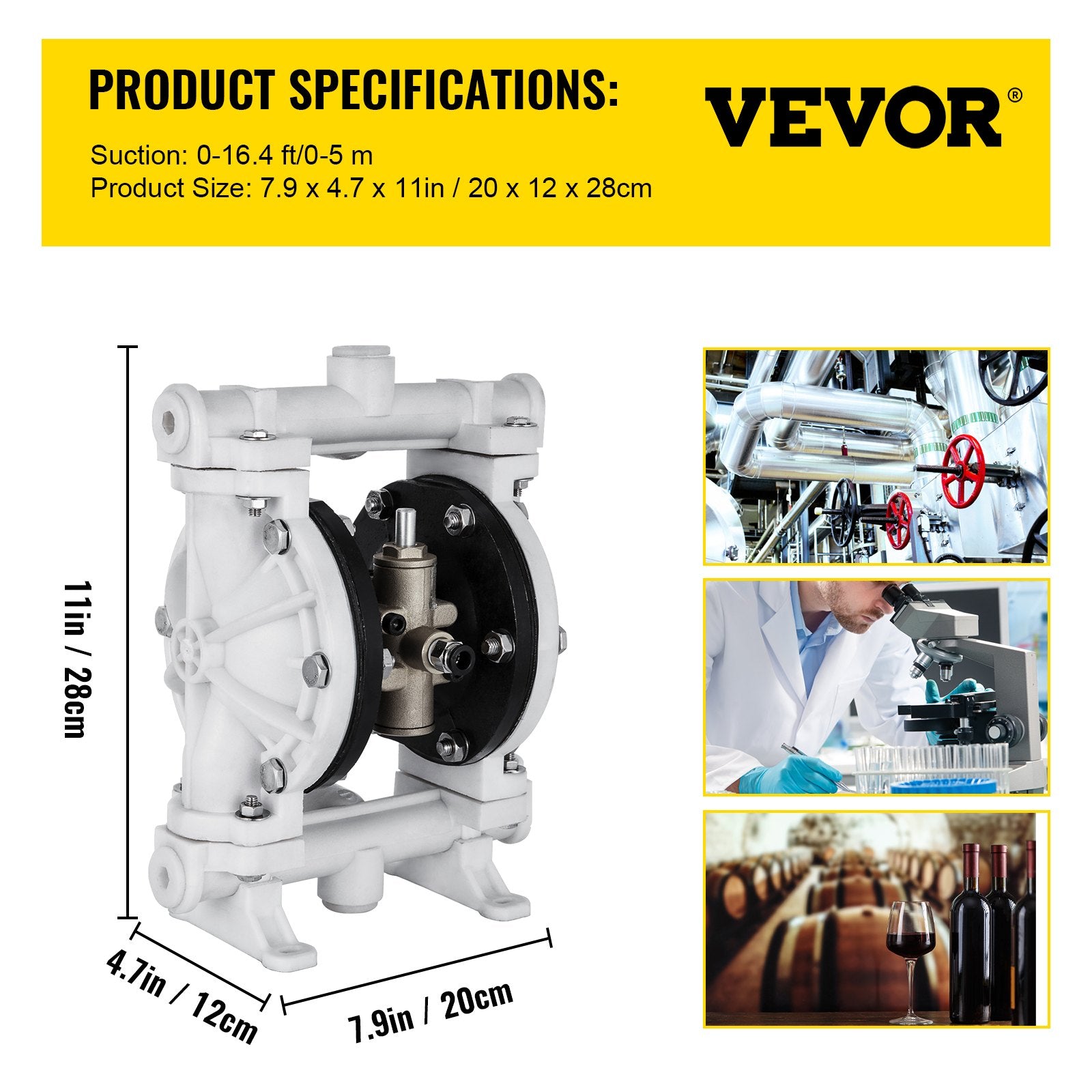 VEVOR Air-Operated Double Diaphragm Pump, Inlet & Outlet, Polypropylene Body, 9.46 L/min, PTFE Diaphragm Pneumatic Transfer Pump for Petroleum, Diesel, Oil & Low Viscosity Fluids