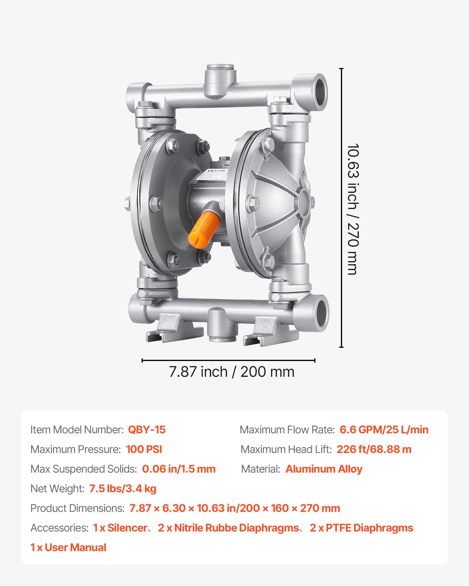 VEVOR Air Operated Double Diaphragm Pump, 25 L/min Max, Standard Inlet & Outlet Air Pneumatic Waste Oil Transfer Pump, Aluminum Alloy Body, Dual Diaphragms, for Diesel, Grease, Kerosene, Gasoline