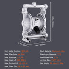 VEVOR Air Operated Double Diaphragm Pump, 44GPM, Max 115PSI Air Waste Oil Pneumatic Transfer Pump with 2 Extra Diaphragms, 3.8cm Inlet & Outlet Aluminum Alloy Diaphragm Pump for Diesel Grease Oil