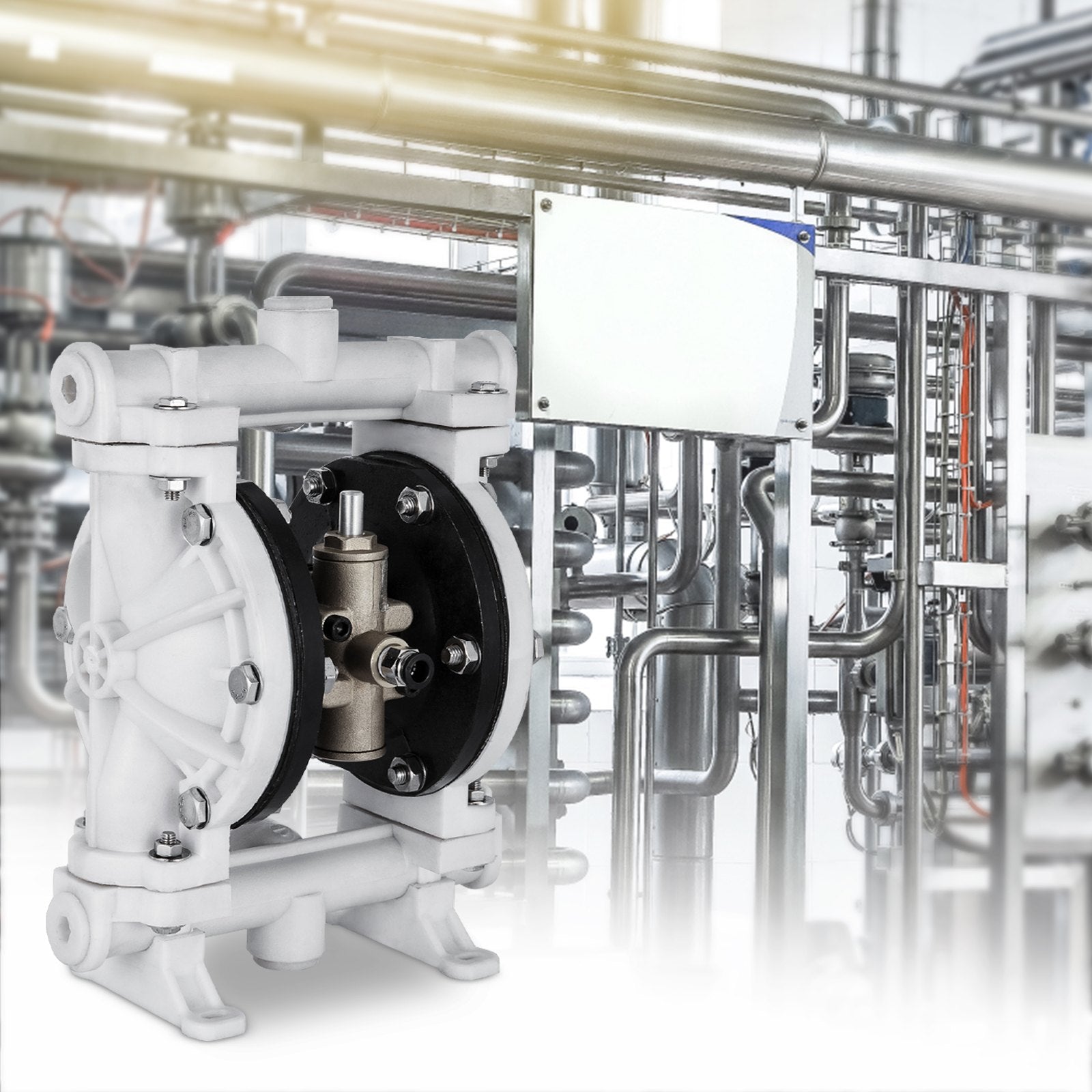 VEVOR Air-Operated Double Diaphragm Pump, Inlet & Outlet, Polypropylene Body, 9.46 L/min, PTFE Diaphragm Pneumatic Transfer Pump for Petroleum, Diesel, Oil & Low Viscosity Fluids