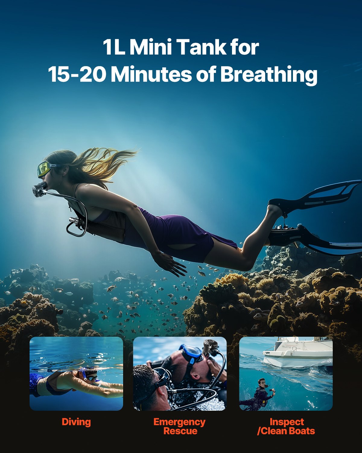 VEVOR Scuba Tank, 1L Portable Diving Tank, Diving Oxygen Cylinder Support 15-20 Minutes Underwater Breathing, 98.43 ft Diving Depth, Refillable Snorkel Air Tank with Pump for Underwater Exploration
