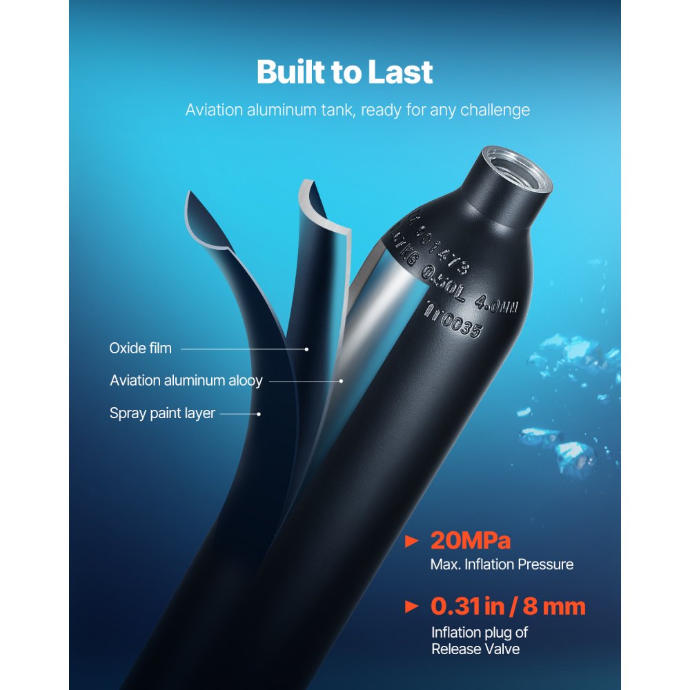 VEVOR Scuba Tank, 0.5L Portable Scuba Diving Tank, Diving Oxygen Cylinder Supports 5-10 Minutes Underwater Breathing, 32.81 ft Diving Depth, Lung Tank Kit with Snorkel Mask for Underwater Exploration