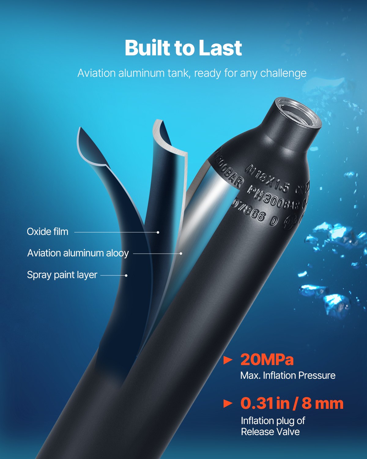 VEVOR Scuba Tank, 0.5L Portable Diving Tank, Diving Oxygen Cylinder Support 5-10 Minutes Underwater Breathing, 98.43 ft Diving Depth, Refillable Snorkel Air Tank with Pump for Underwater Exploration