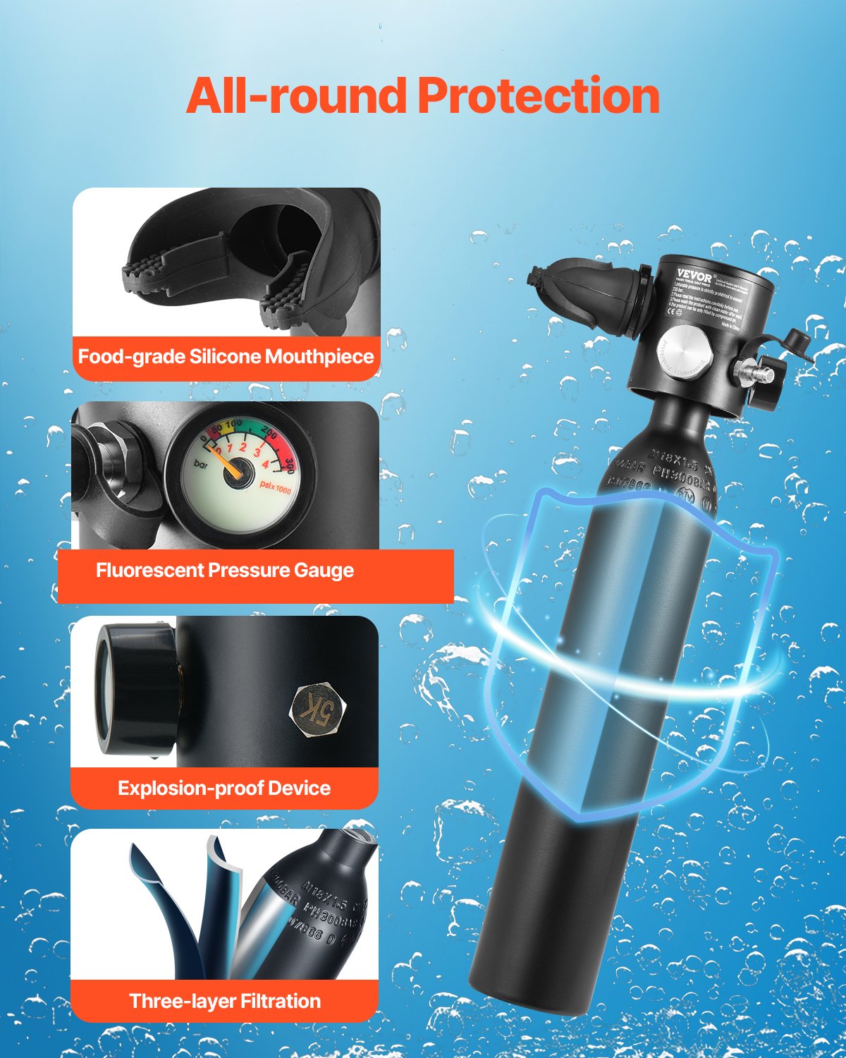 VEVOR Scuba Tank, 0.5L Portable Diving Tank, Diving Oxygen Cylinder Support 5-10 Minutes Underwater Breathing, 98.43 ft Diving Depth, Refillable Snorkel Air Tank with Pump for Underwater Exploration