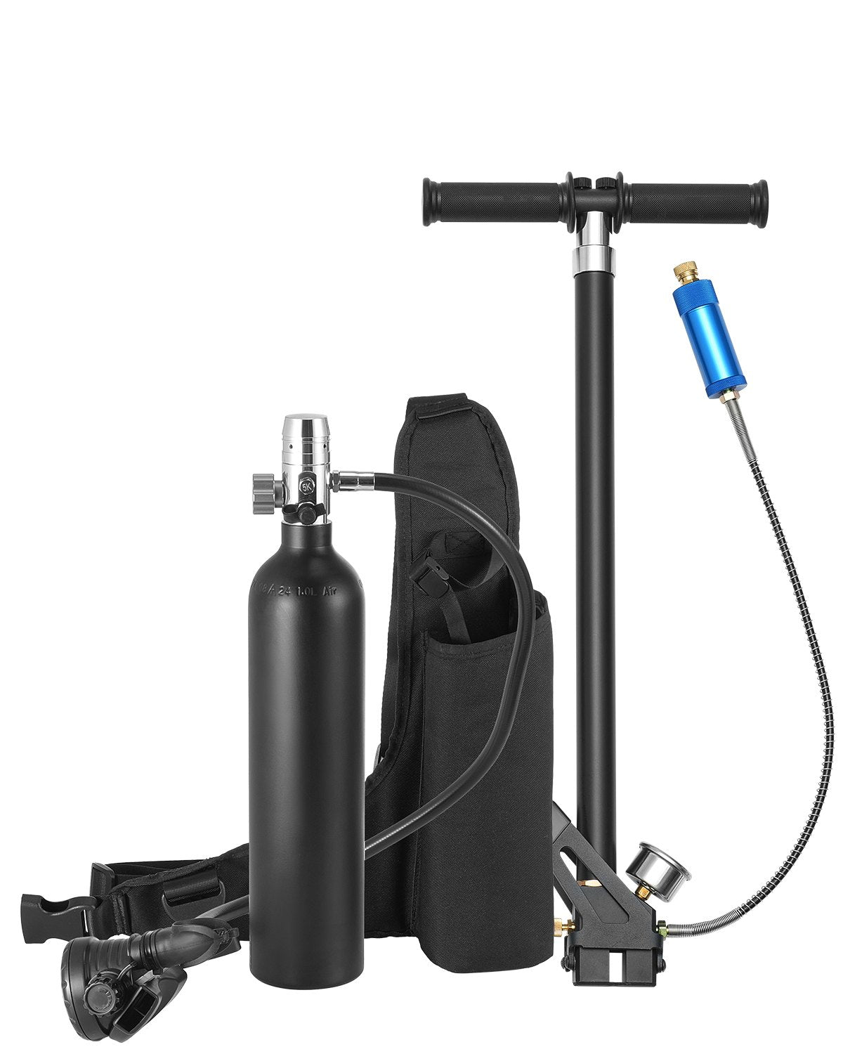 VEVOR Scuba Tank, 1L Portable Diving Tank, Diving Oxygen Cylinder Support 15-20 Minutes Underwater Breathing, 98.43 ft Diving Depth, Refillable Snorkel Air Tank with Pump for Underwater Exploration