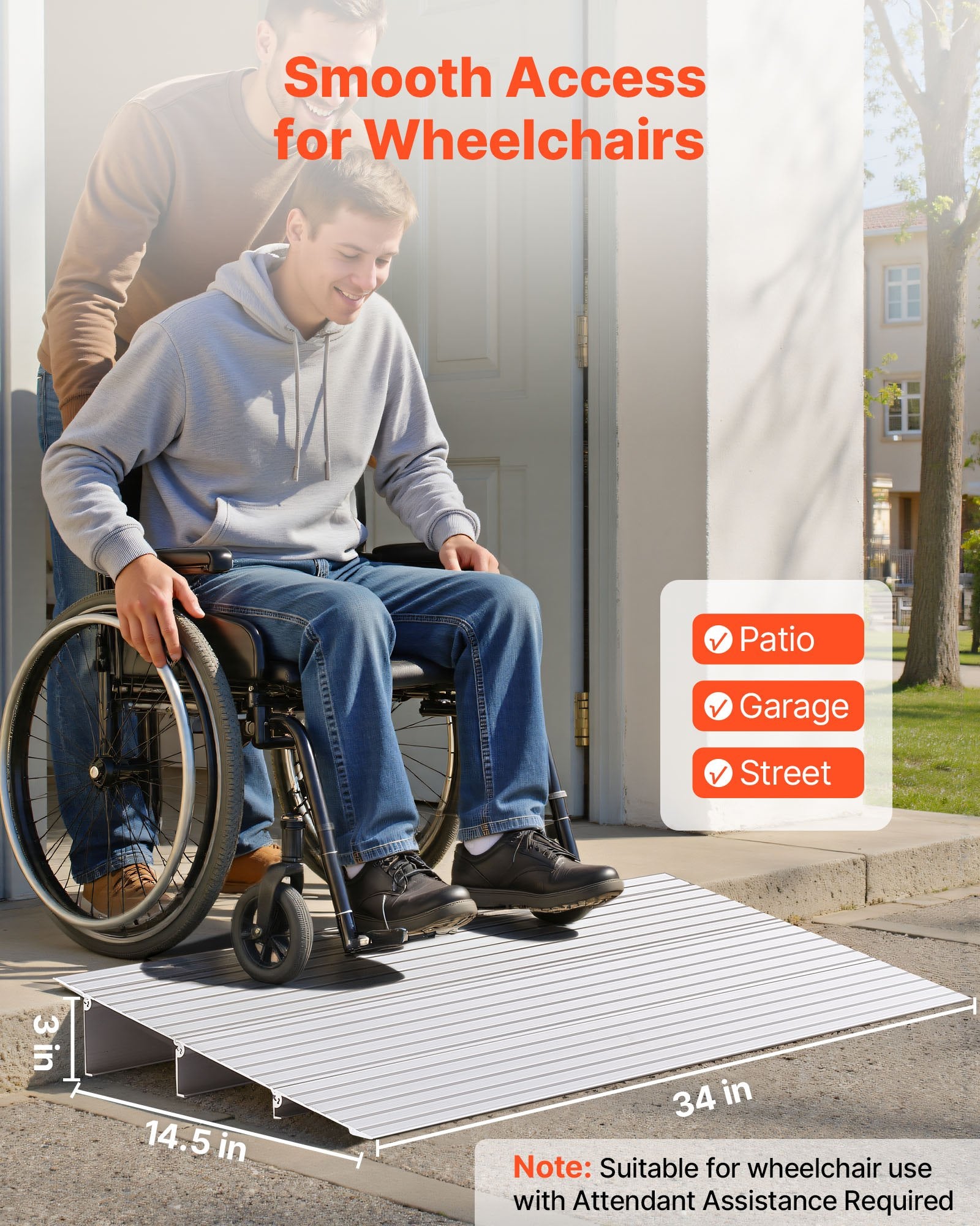 VEVOR Door Threshold Ramp, 87 mm Rise, Aluminum Alloy Threshold Ramp Rated 363 kg Load Capacity, Handicap Ramps for Home Steps for Wheelchair, Scooters, Power Chairs, Walkers, Bicycle, Tricycle