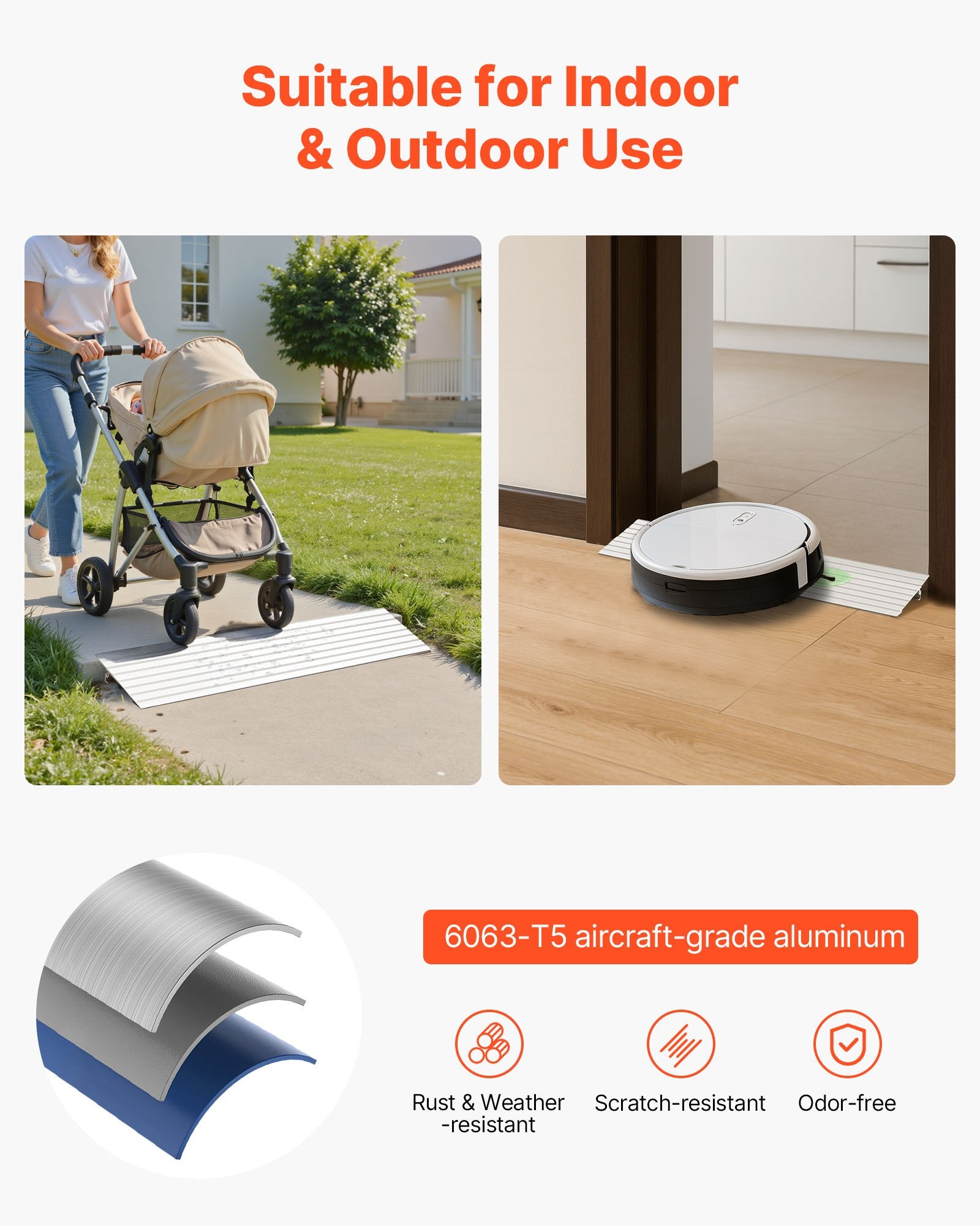 VEVOR Door Threshold Ramp, 26 mm Rise, Aluminum Alloy Threshold Ramp Rated 363 kg Load Capacity, Handicap Ramps for Home Steps for Wheelchair, Scooters, Power Chairs, Walkers, Bicycle, Tricycle