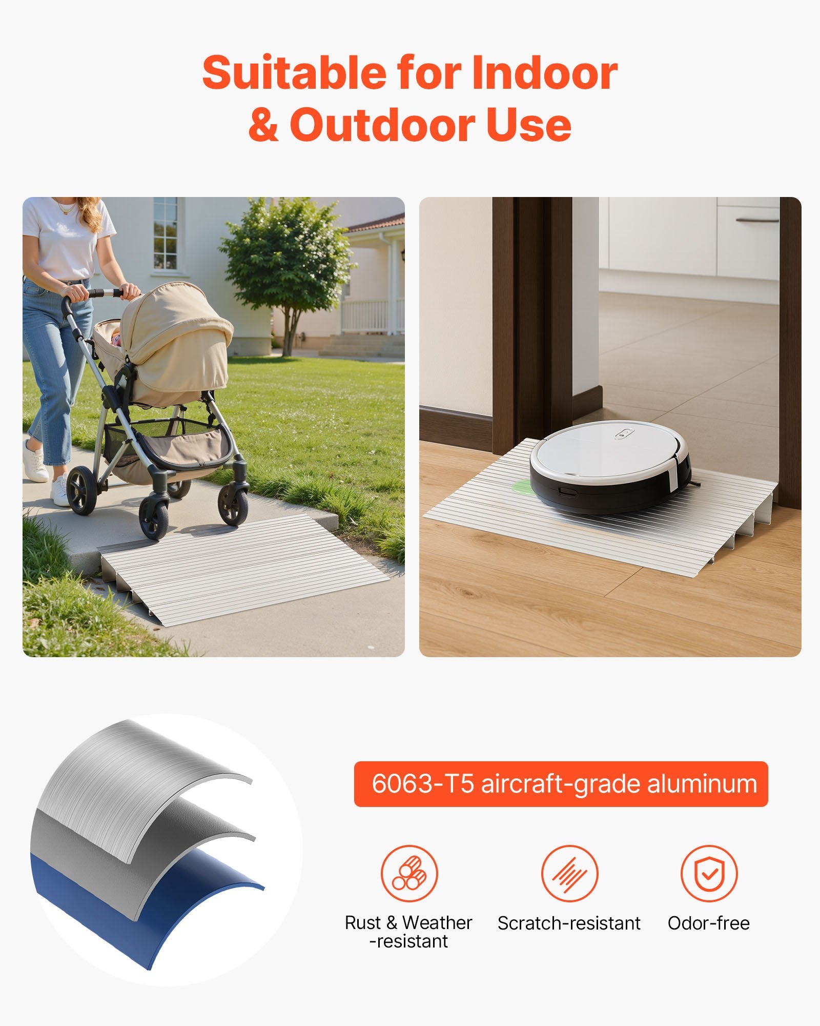 VEVOR Door Threshold Ramp, 115 mm Rise, Aluminum Alloy Threshold Ramp Rated 363 kg Load Capacity, Handicap Ramps for Home Steps for Wheelchair, Scooters, Power Chairs, Walkers, Bicycle, Tricycle