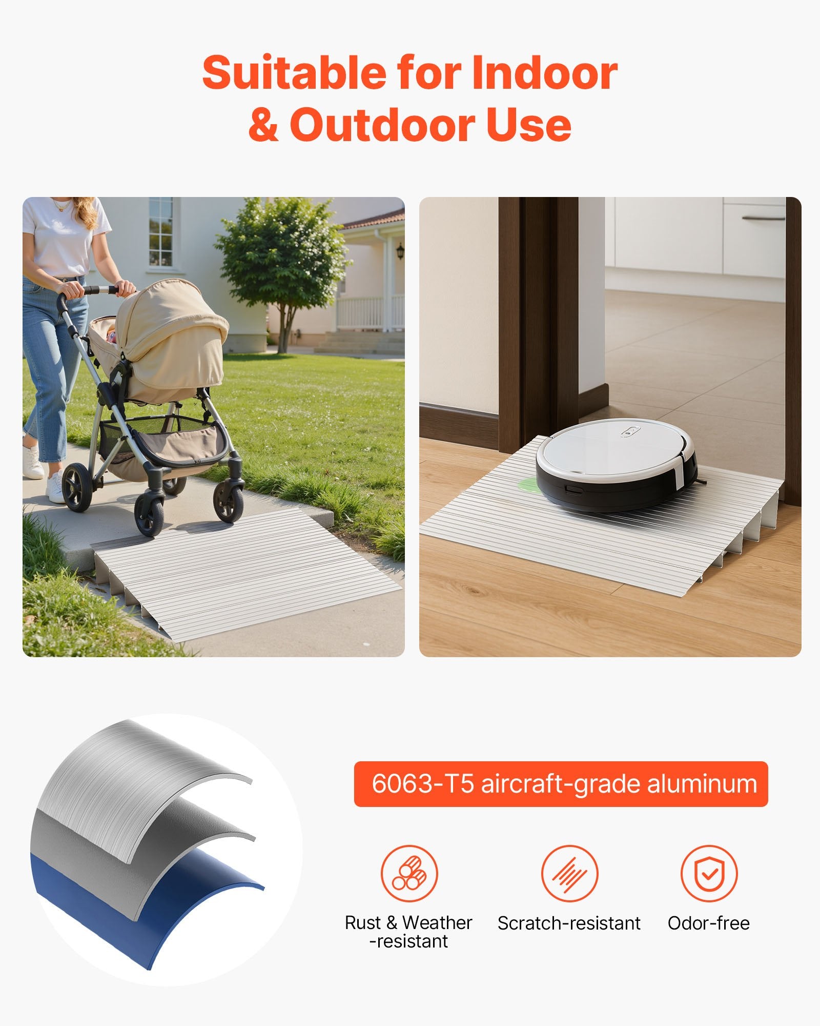 VEVOR Door Threshold Ramp, 138 mm Rise, Aluminum Alloy Threshold Ramp Rated 363 kg Load Capacity, Handicap Ramps for Home Steps for Wheelchair, Scooters, Power Chairs, Walkers, Bicycle, Tricycle