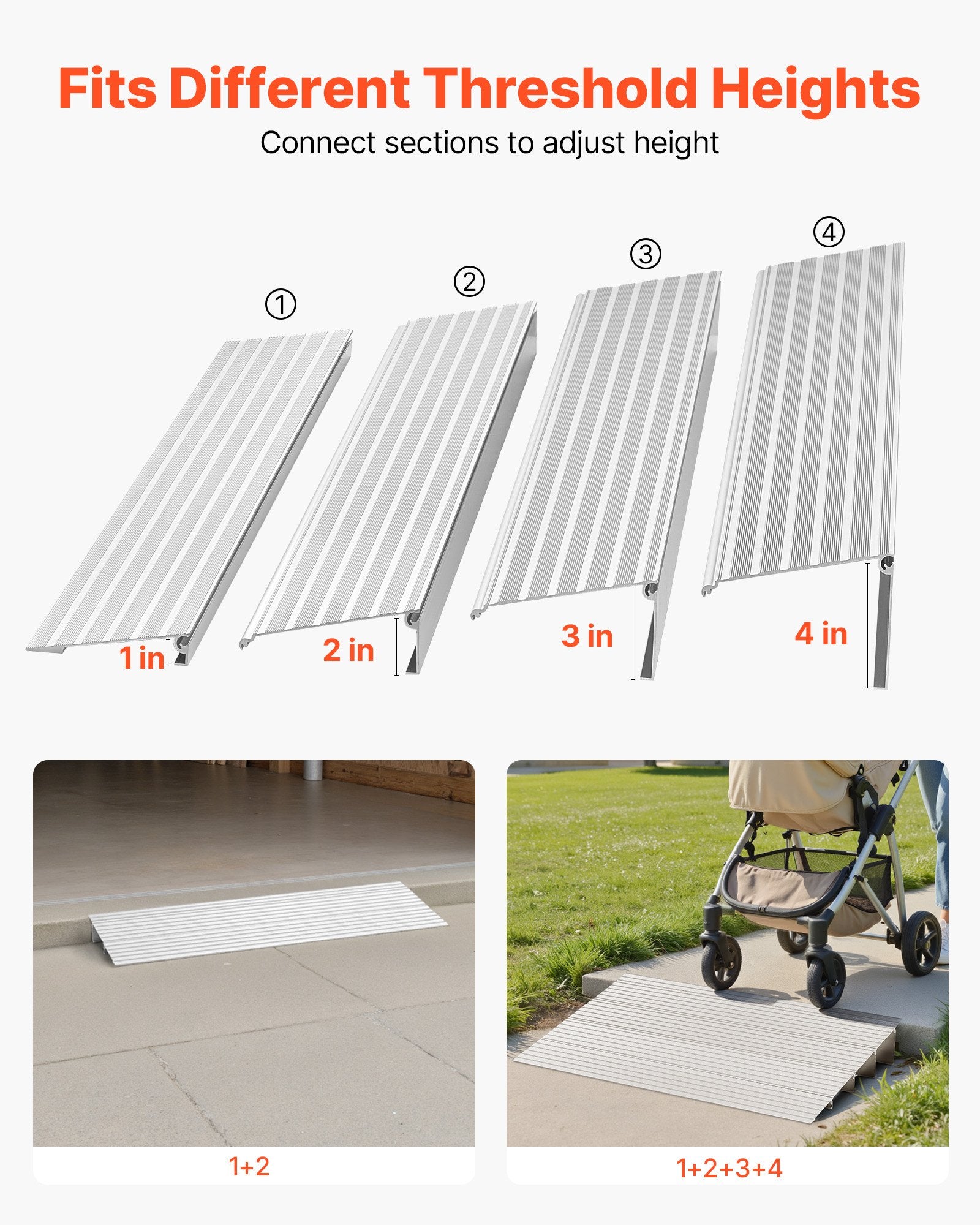 VEVOR Door Threshold Ramp, 115 mm Rise, Aluminum Alloy Threshold Ramp Rated 363 kg Load Capacity, Handicap Ramps for Home Steps for Wheelchair, Scooters, Power Chairs, Walkers, Bicycle, Tricycle