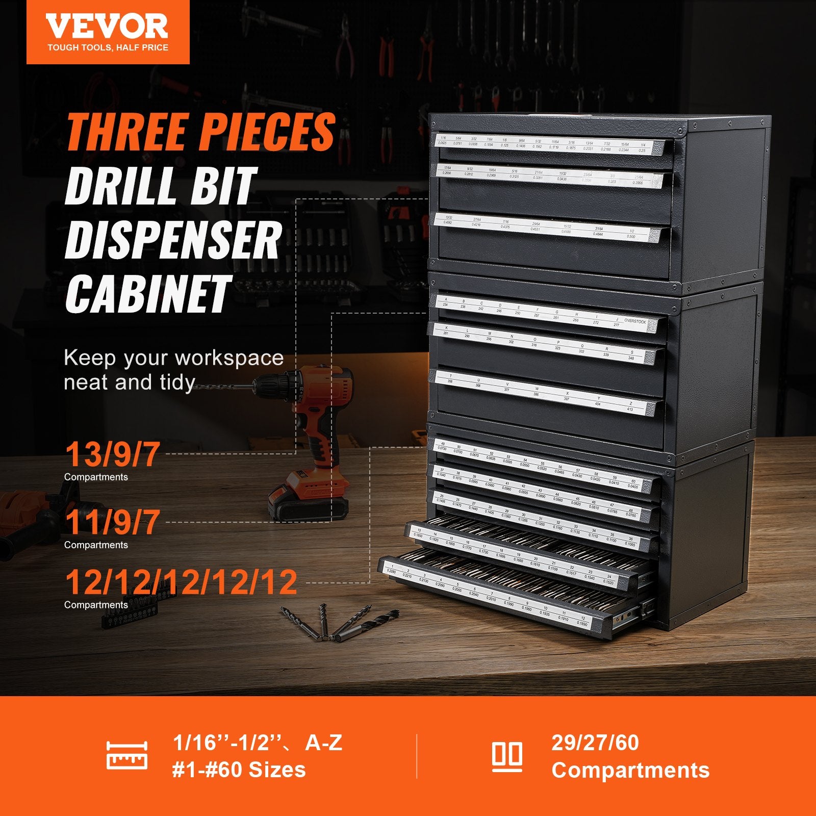 VEVOR Drill Bit Dispenser Cabinet, 3 Pieces Three-Drawer for Letter Sizes A to Z, Five-Drawer Drill Bit Organizer for Wire Gauge Sizes #1 to #60, Stackable for Drill Bit Storage
