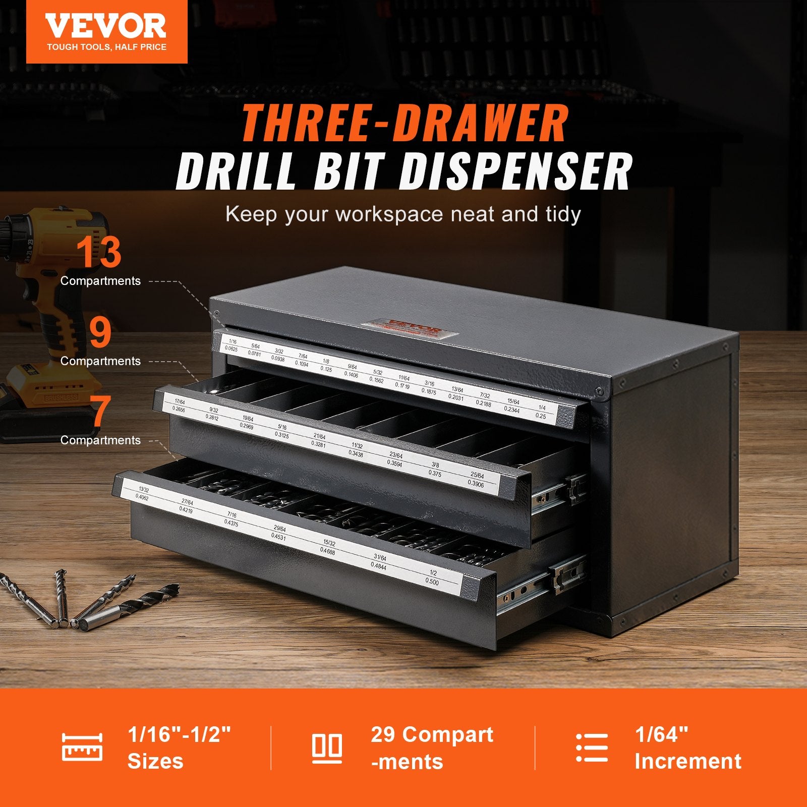 VEVOR Drill Bit Dispenser Cabinet, Three-Drawer Drill Bit Organizer Cabinet for 1.59 mm to 12.7 mm, Steel Drill Dispenser Organizer Cabinet with Labels, Stackable Drill Dispenser for Drill Bit Storage