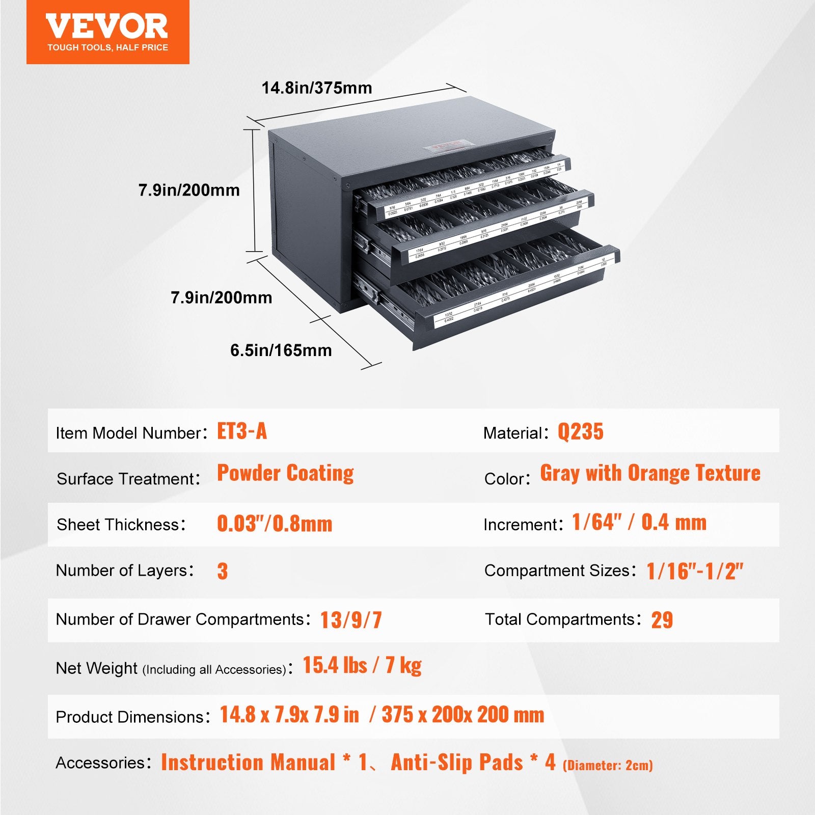 VEVOR Drill Bit Dispenser Cabinet, Three-Drawer Drill Bit Organizer Cabinet for 1.59 mm to 12.7 mm, Steel Drill Dispenser Organizer Cabinet with Labels, Stackable Drill Dispenser for Drill Bit Storage