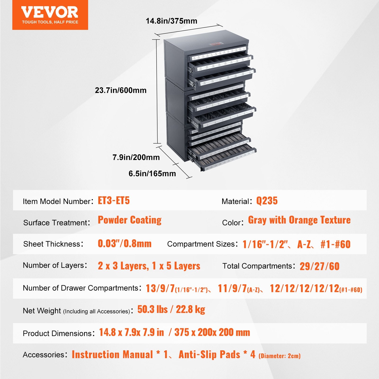 VEVOR Drill Bit Dispenser Cabinet, 3 Pieces Three-Drawer for Letter Sizes A to Z, Five-Drawer Drill Bit Organizer for Wire Gauge Sizes #1 to #60, Stackable for Drill Bit Storage