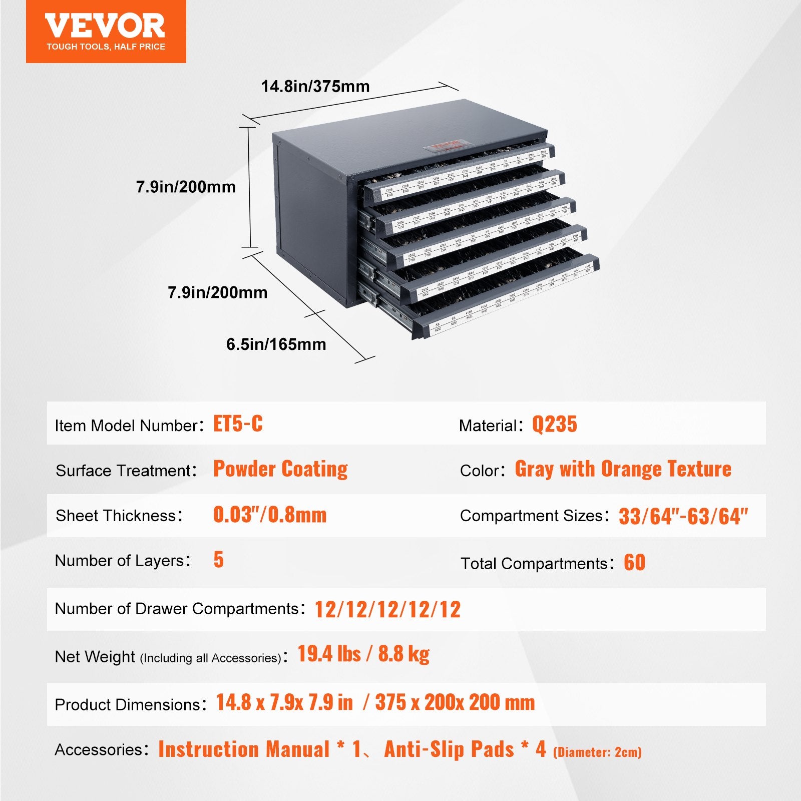 VEVOR Drill Bit Dispenser Cabinet, Five-Drawer Drill Bit Organizer Cabinet for 13.1 mm to 25.4 mm Steel Drill Dispenser Organizer Cabinet with Labels, Stackable Drill Dispenser for Drill Bit Storage