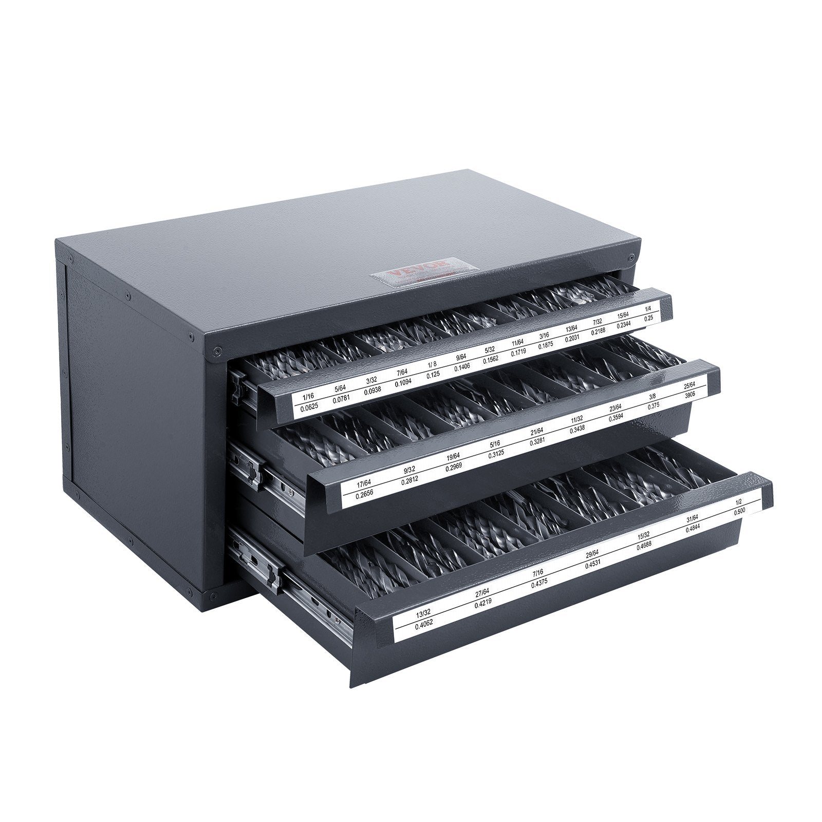 VEVOR Drill Bit Dispenser Cabinet, Three-Drawer Drill Bit Organizer Cabinet for 1.59 mm to 12.7 mm, Steel Drill Dispenser Organizer Cabinet with Labels, Stackable Drill Dispenser for Drill Bit Storage