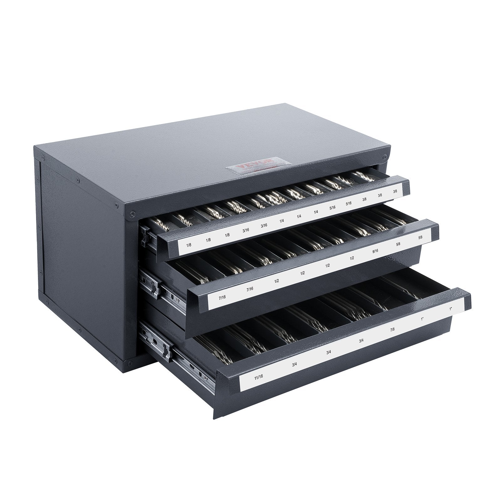 VEVOR End Mill Dispenser Cabinet, Three-Drawer End Mill Organizer Cabinet for 1/8" to 1", Steel End Mill Dispenser Organizer Cabinet with Labels, 29-Compartment Stackable for End Mill Storage