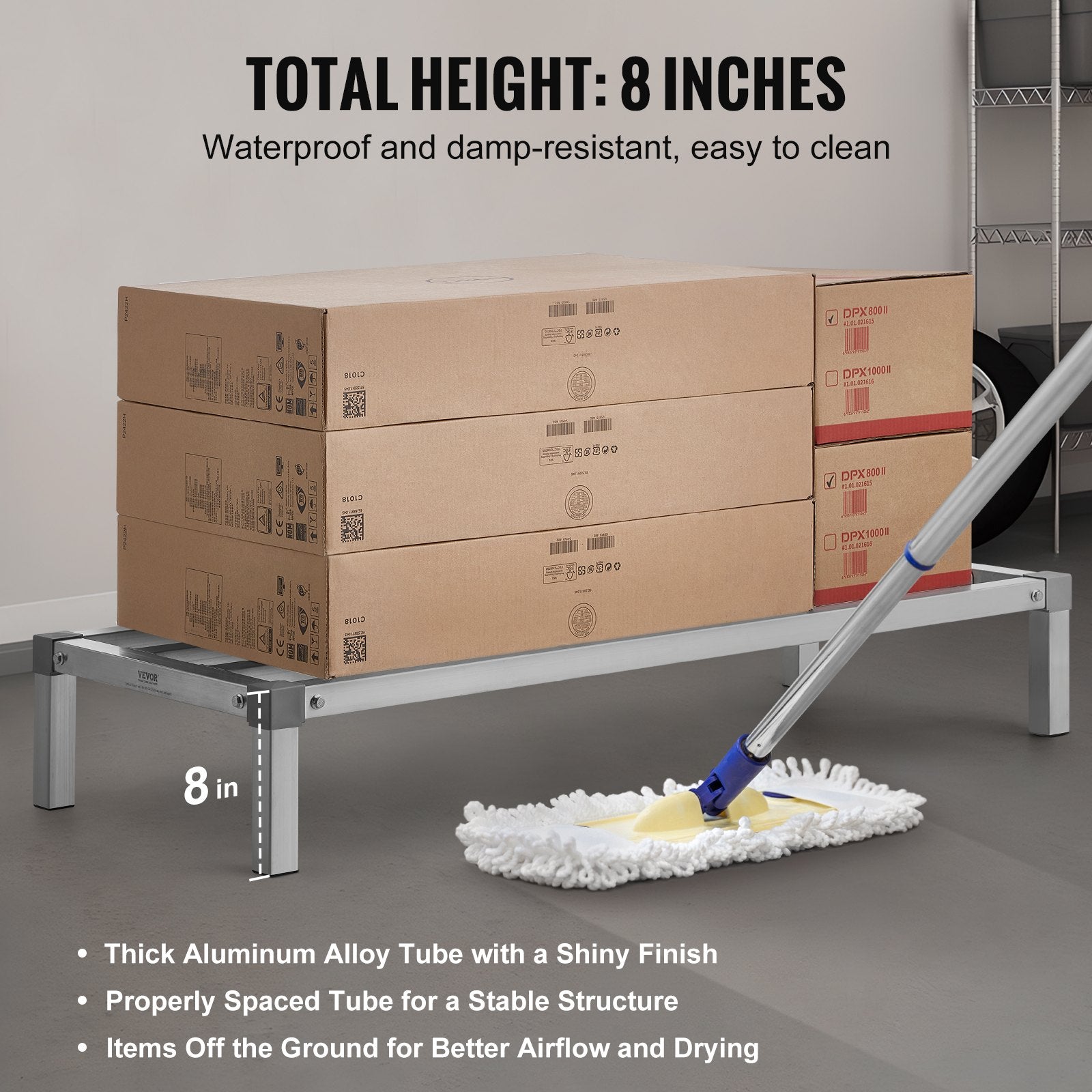 VEVOR Aluminum Dunnage Rack, 48” x 20” Commercial Food Floor Rack, 8” Off the Floor, 1000 lbs Capacity All-Welded Aluminum Storage Rack, for Storage in Restaurants, Kitchens, Garages and Vehicles