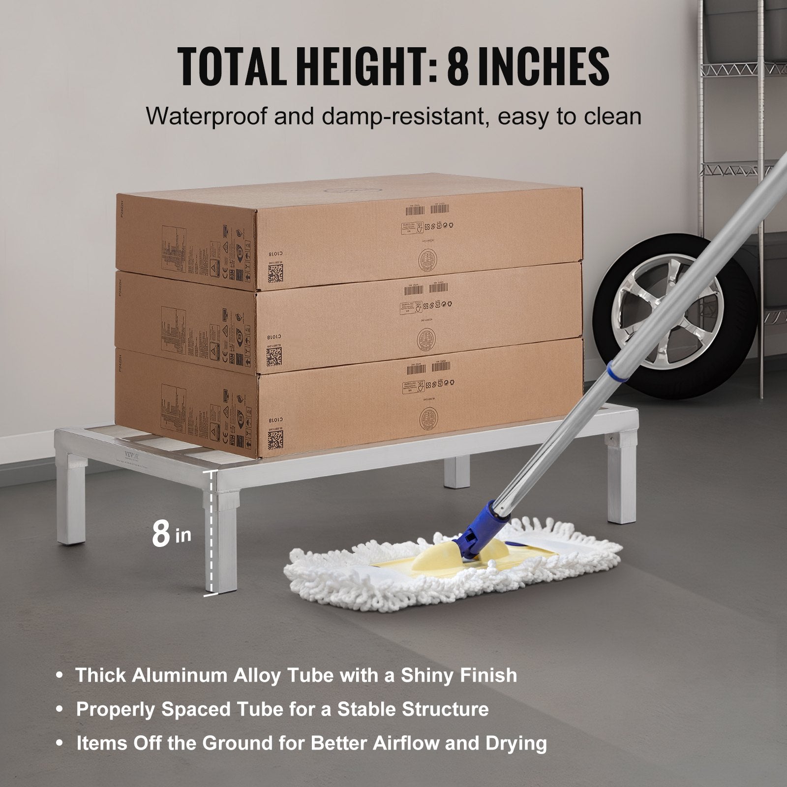 VEVOR Aluminum Dunnage Rack, 36” x 20” Commercial Food Floor Rack, 8” Off the Floor, 1800 lbs Capacity All-Welded Aluminum Storage Rack, for Storage in Restaurants, Kitchens, Garages and Vehicles