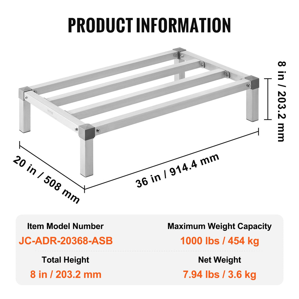 VEVOR Aluminum Dunnage Rack, 36” x 20” Commercial Food Floor Rack, 8” Off the Floor, 1000 lbs Capacity All-Welded Aluminum Storage Rack, for Storage in Restaurants, Kitchens, Garages and Vehicles