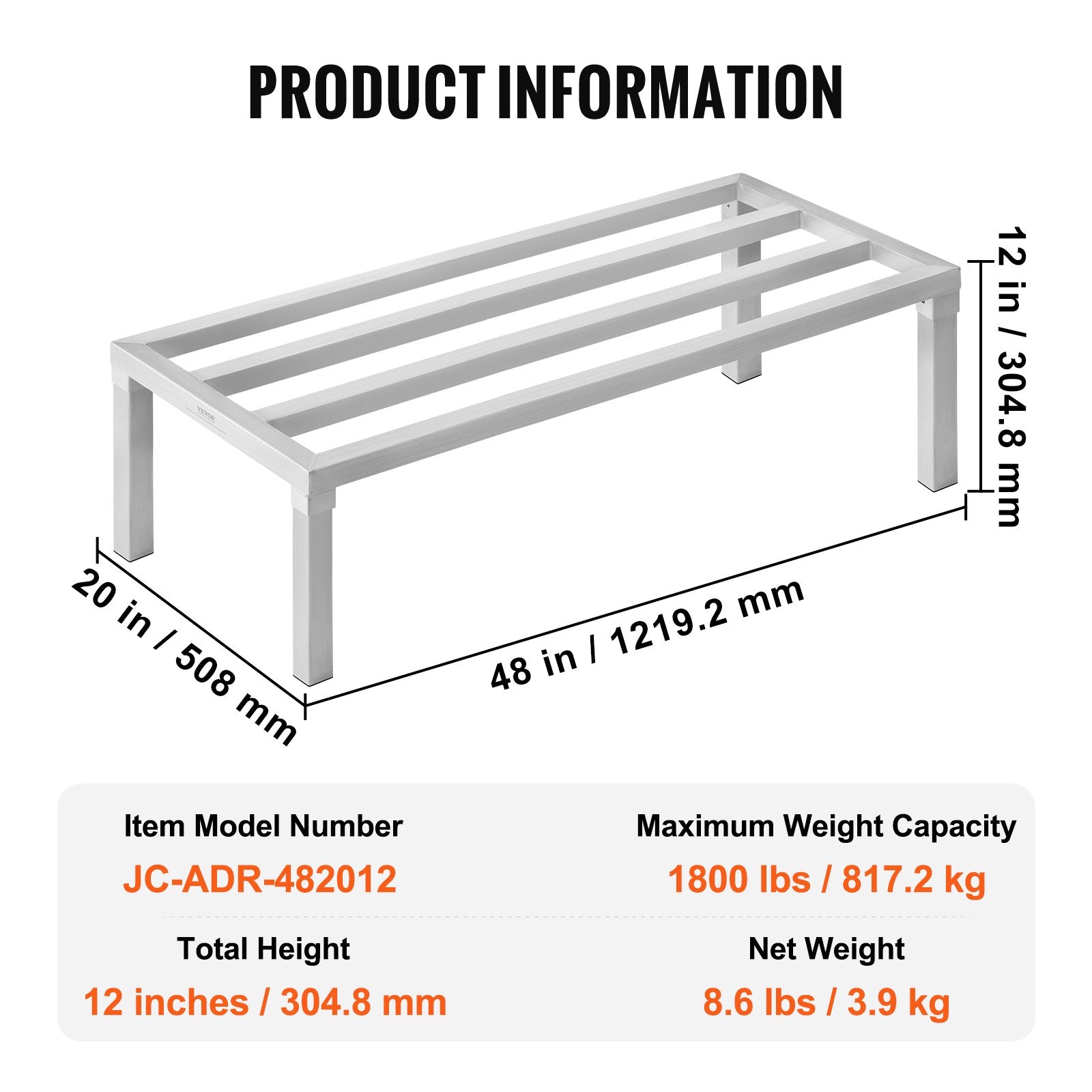 VEVOR Aluminum Dunnage Rack, 48” x 20” Commercial Food Floor Rack, 12” Off the Floor, 1800 lbs Capacity All-Welded Aluminum Storage Rack, for Storage in Restaurants, Kitchens, Garages and Vehicles