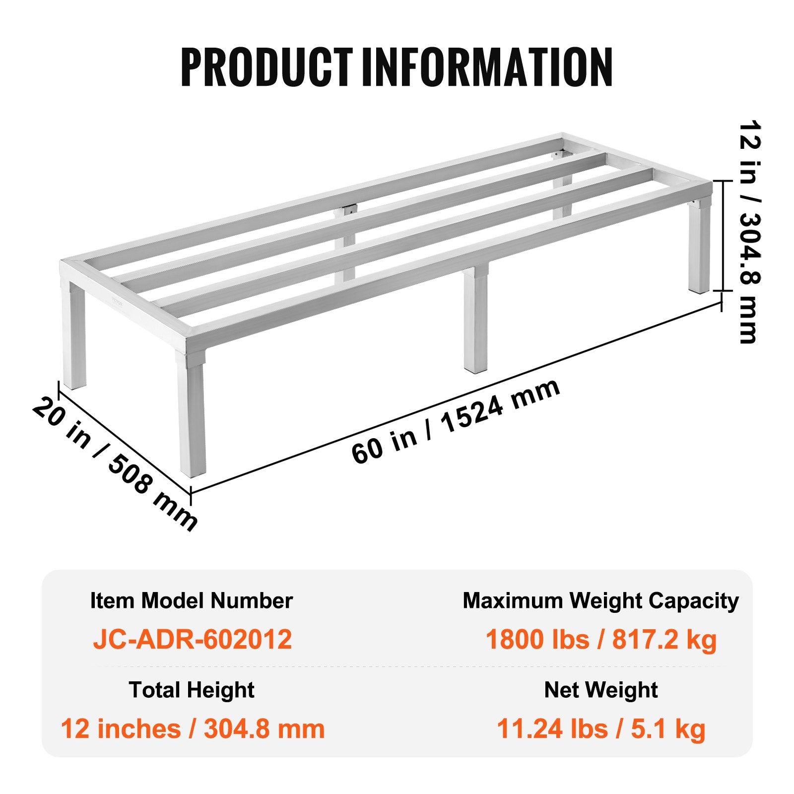 VEVOR Aluminum Dunnage Rack, 60” x 20” Commercial Food Floor Rack, 12” Off the Floor, 1800 lbs Capacity All-Welded Aluminum Storage Rack, for Storage in Restaurants, Kitchens, Garages and Vehicles