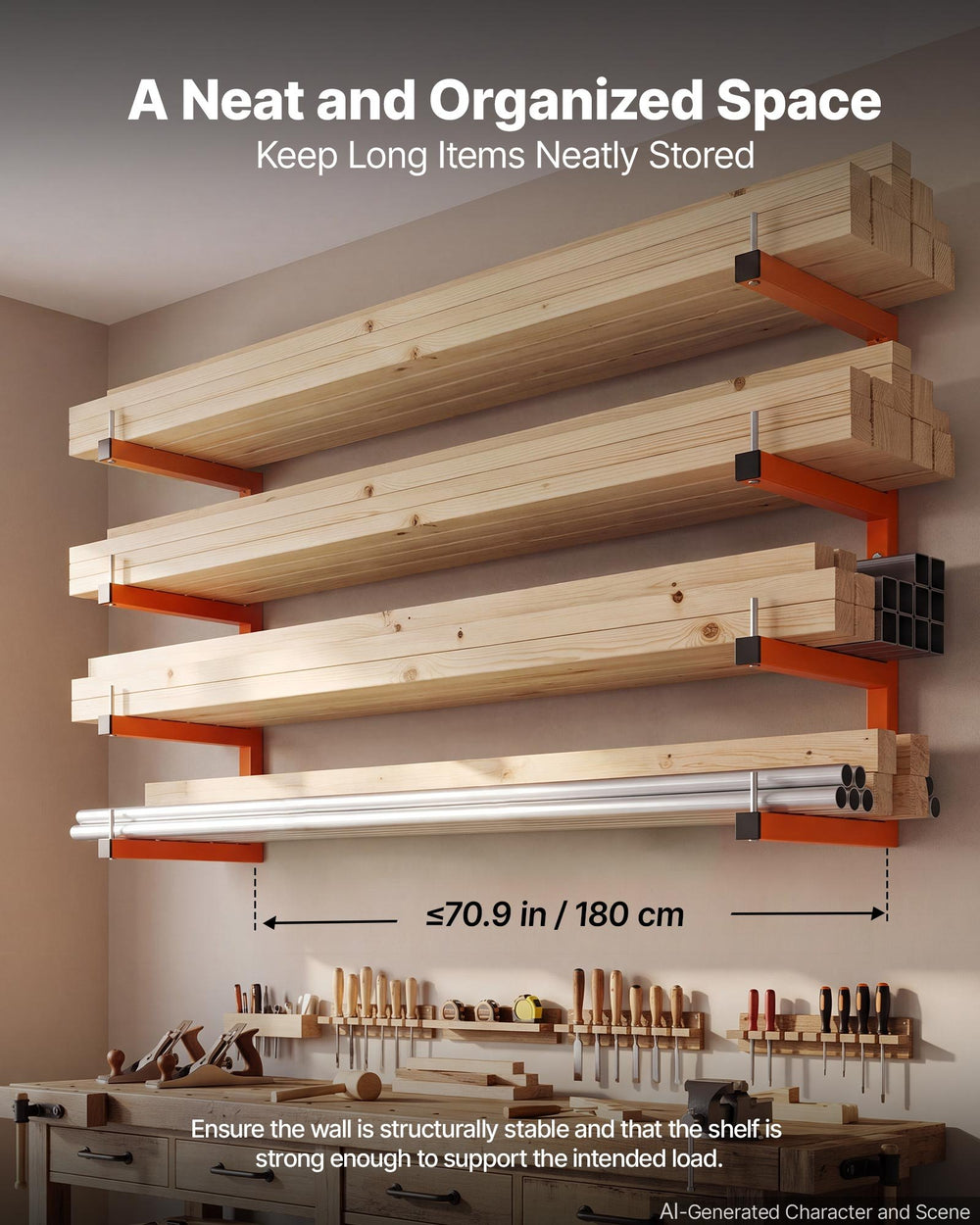 VEVOR Lumber Rack, 4-Tier 2-Pack 100 kg per Tier, Welded Wood Pipe Storage, Wall-mounted Organizer for Garages, Workshops, Warehouse, Basement, Heavy-Duty Steel Cantilever Arms, Locking Pins, Orange