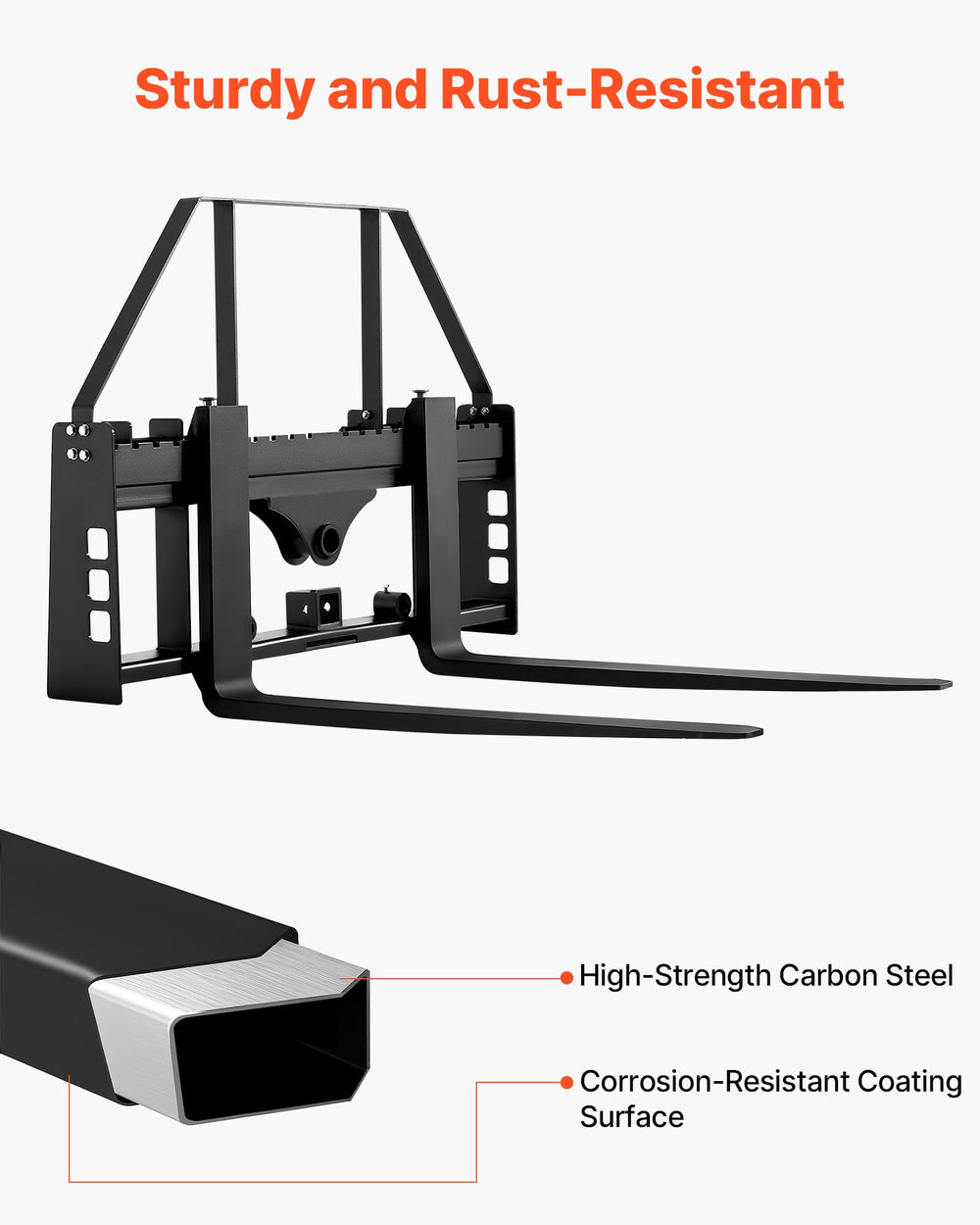 VEVOR Skid Steer Pallet Forks, 1814 kg Rated Capacity, Pallet Fork Frame Attachment with 122 cm Pallet Forks Forklift Blades, 50.8 mm Hitch Receiver & Spear Sleeves, Fit for Skid Steers, Tractors