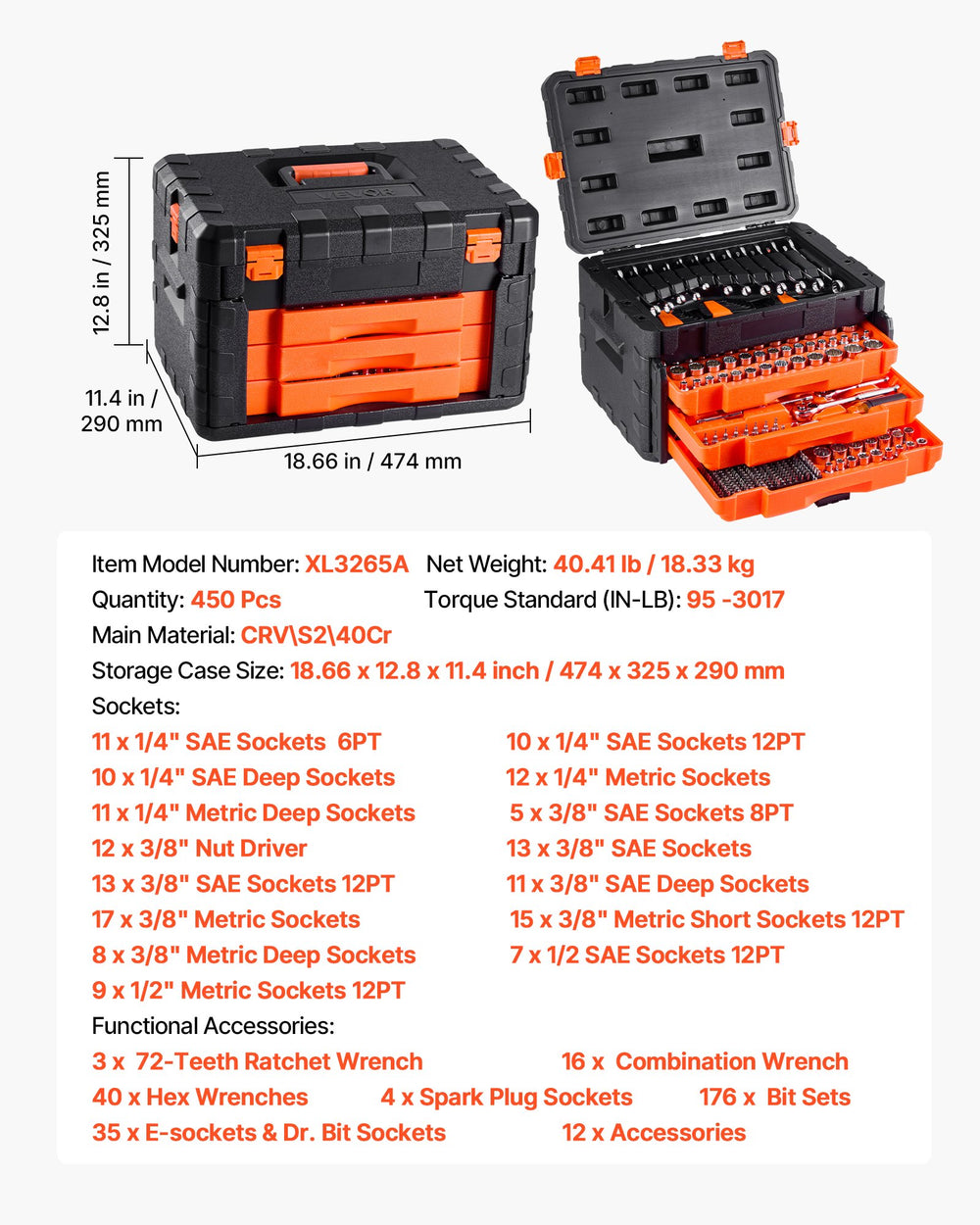 VEVOR Mechanics Tool Set and Socket Set, 450 Pcs, 6.4, 9.5 and 12.7 mm Drive Deep and Standard Sockets, SAE Metric Mechanic Tool Kit with Bits, Wrenches, Accessories, Storage Case with Orange Drawer