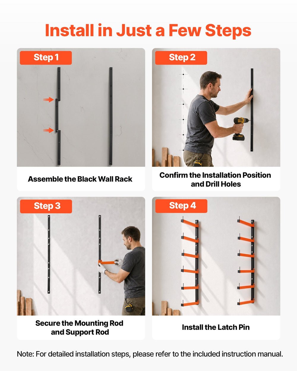 VEVOR Lumber Rack, 6-Tier 2-Pack 50 kg per Tier, Foldable Wood Storage, Wall-mounted for Garages, Workshops, Warehouse, Basement, Heavy-Duty Cantilever Arms, Locking Pins, Steel, Orange & Black
